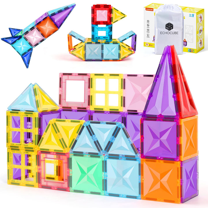 60 Pieces Magnetische Bausteine, Pädagogische Magnetische Kacheln Konstruktionsspielzeug für Kinder,