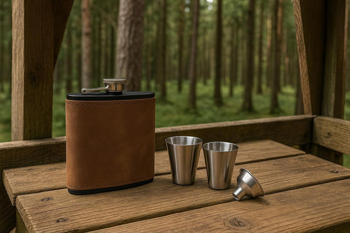 Flachmann-Set, Wild-Leder Optik, 175ml + 2 Schnaps-Becher, Trichter in Geschenk-Box