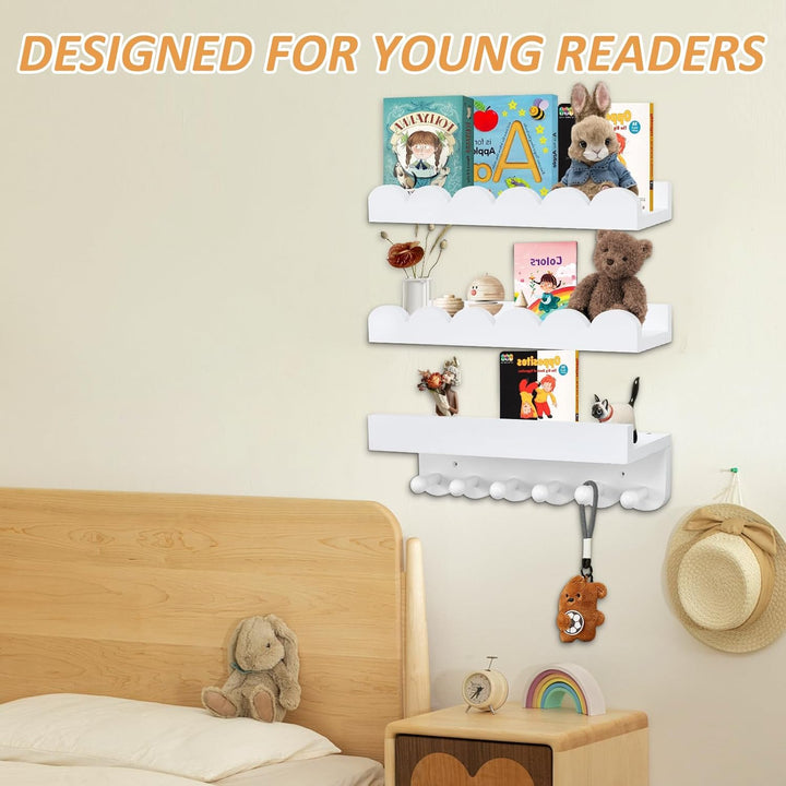 Rainmae Wandregal Kinderzimmermit Holzhaken,Bücherregal Kinder, 40cm 3er-Set, Regal Kinderzimmer ide