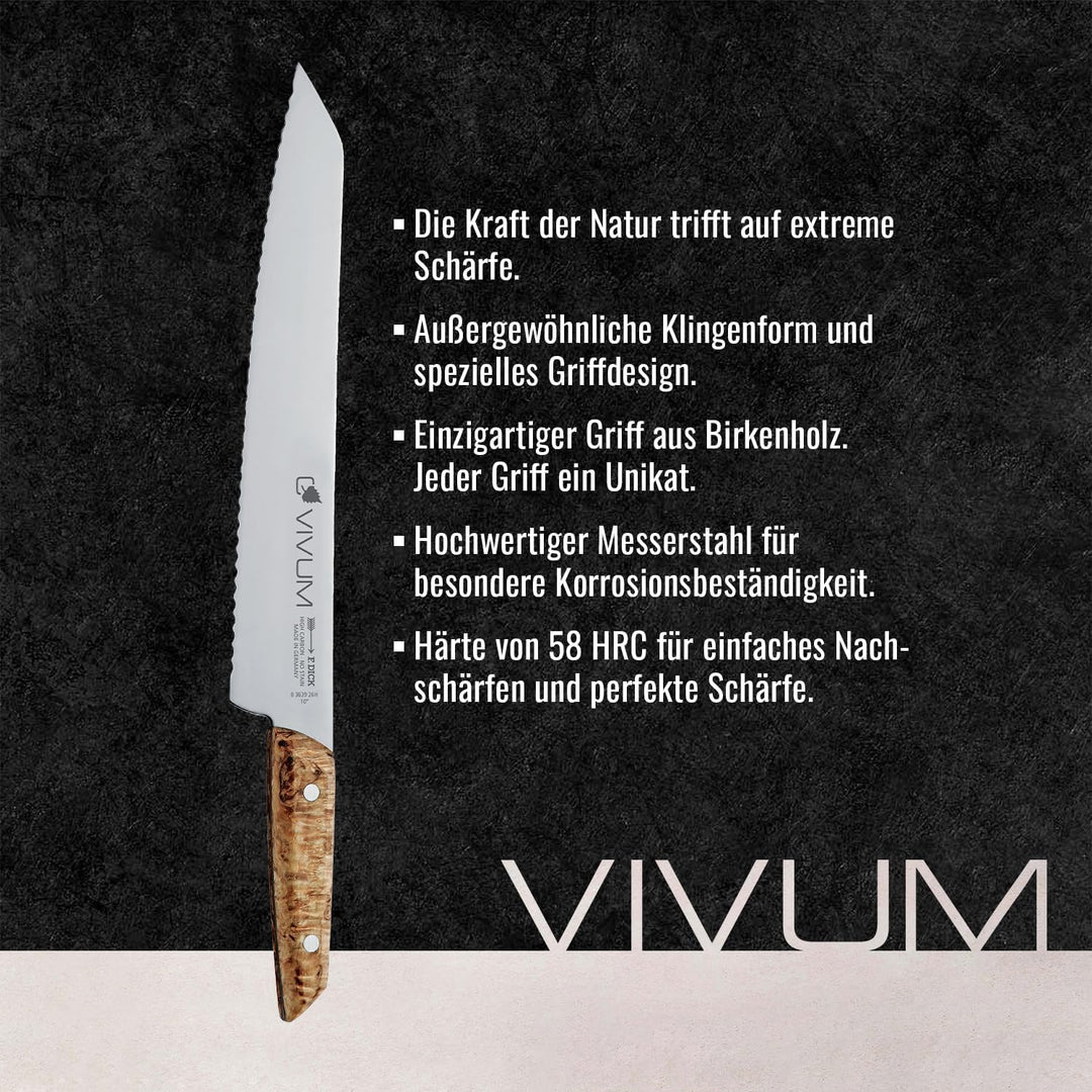 F. DICK Brotmesser VIVUM 26 cm - rostfrei, Klinge extra scharf, Wellenschliff, Sägemesser Birkenholz