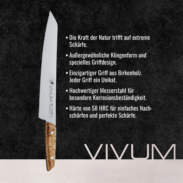 F. DICK Brotmesser VIVUM 26 cm - rostfrei, Klinge extra scharf, Wellenschliff, Sägemesser Birkenholz