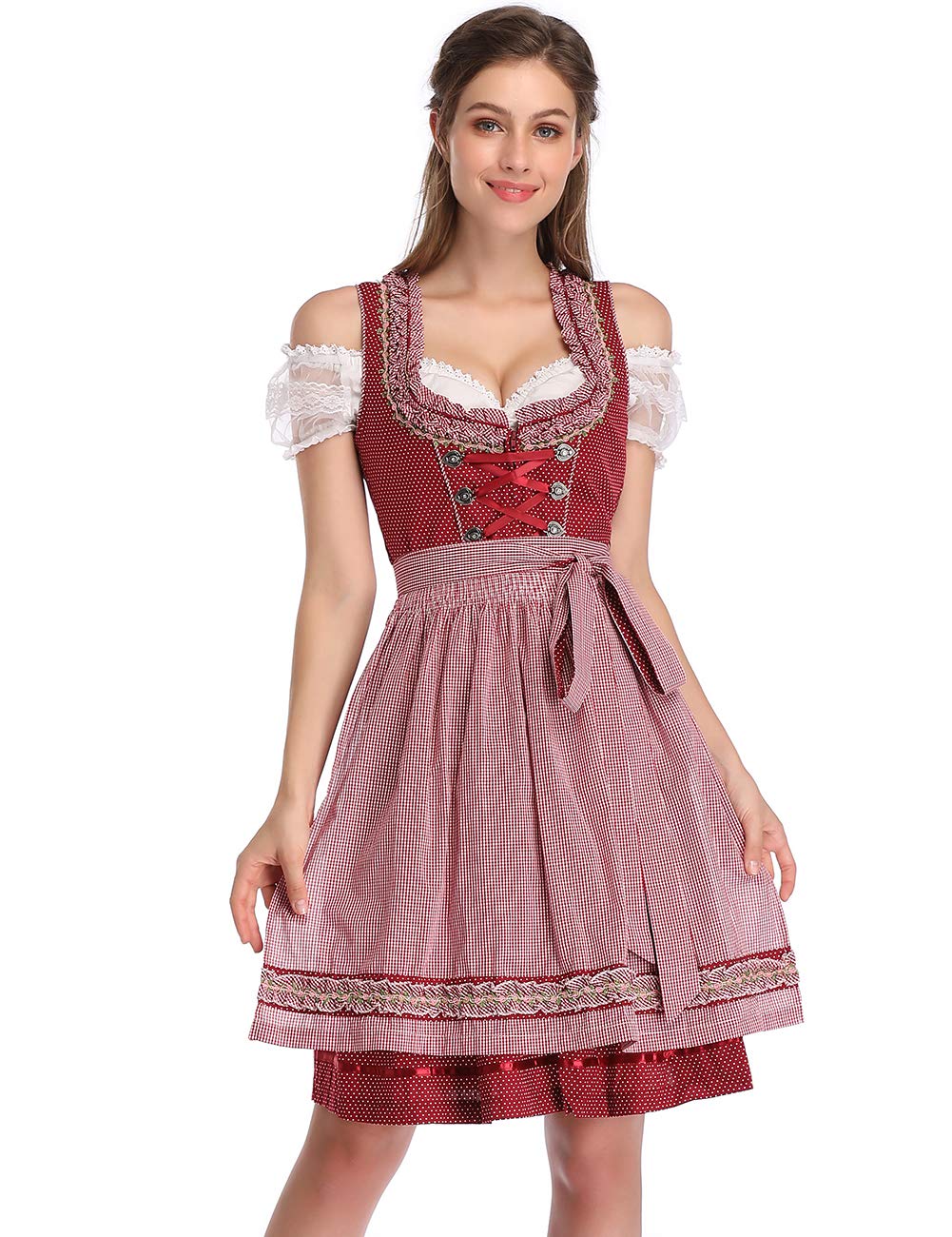 KOJOOIN Trachtenkleid Damen Dirndl Kurz Midi 3tlg. für Oktoberfest-DREI Teilig: Kleid, Bluse, Schürz