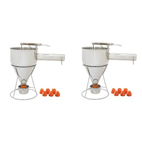 eGenuss 2er-Set Edelstahl Backtrichter Pfannkuchen Teigspender + Düsen + fester Ständer mit Teigsamm