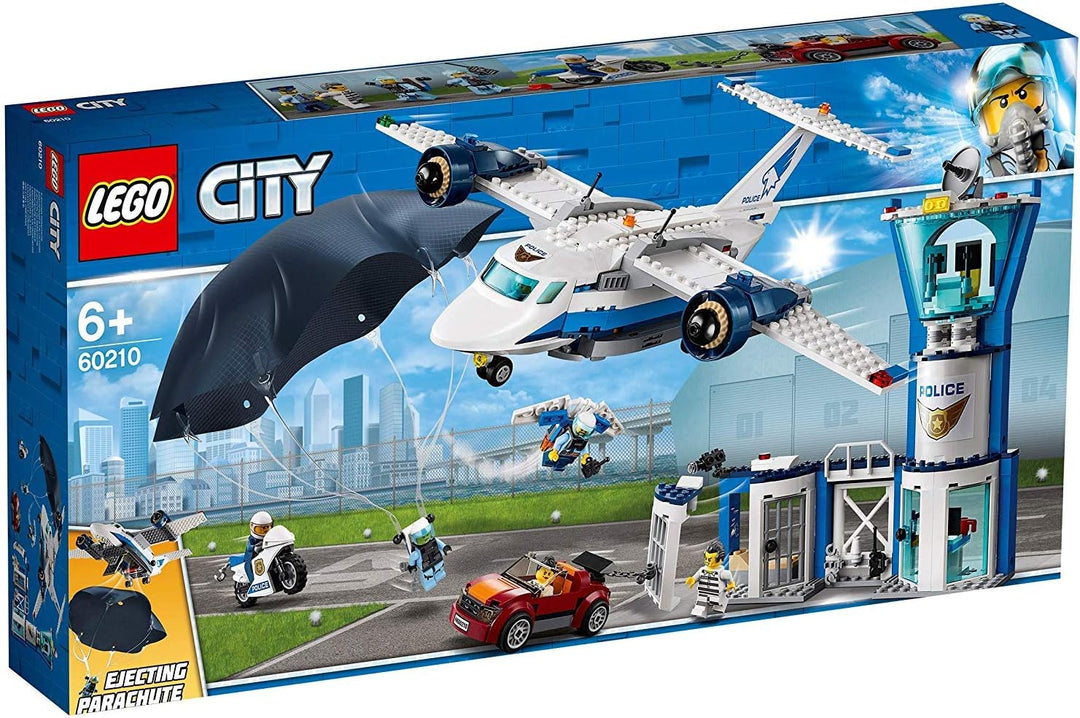 LEGO 60210 City Polizei Fliegerstützpunkt, Flugzeug mit Fallschirmjäger Plus Jetpack, Motorrad und A