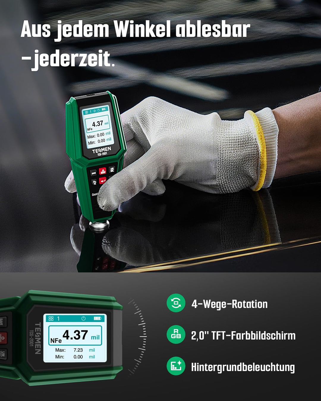 TESMEN TCG-2001 Lackschichtdickenmessgerät für Autos, Digitales Lackmessgerät mit Balkendiagramm, 4-