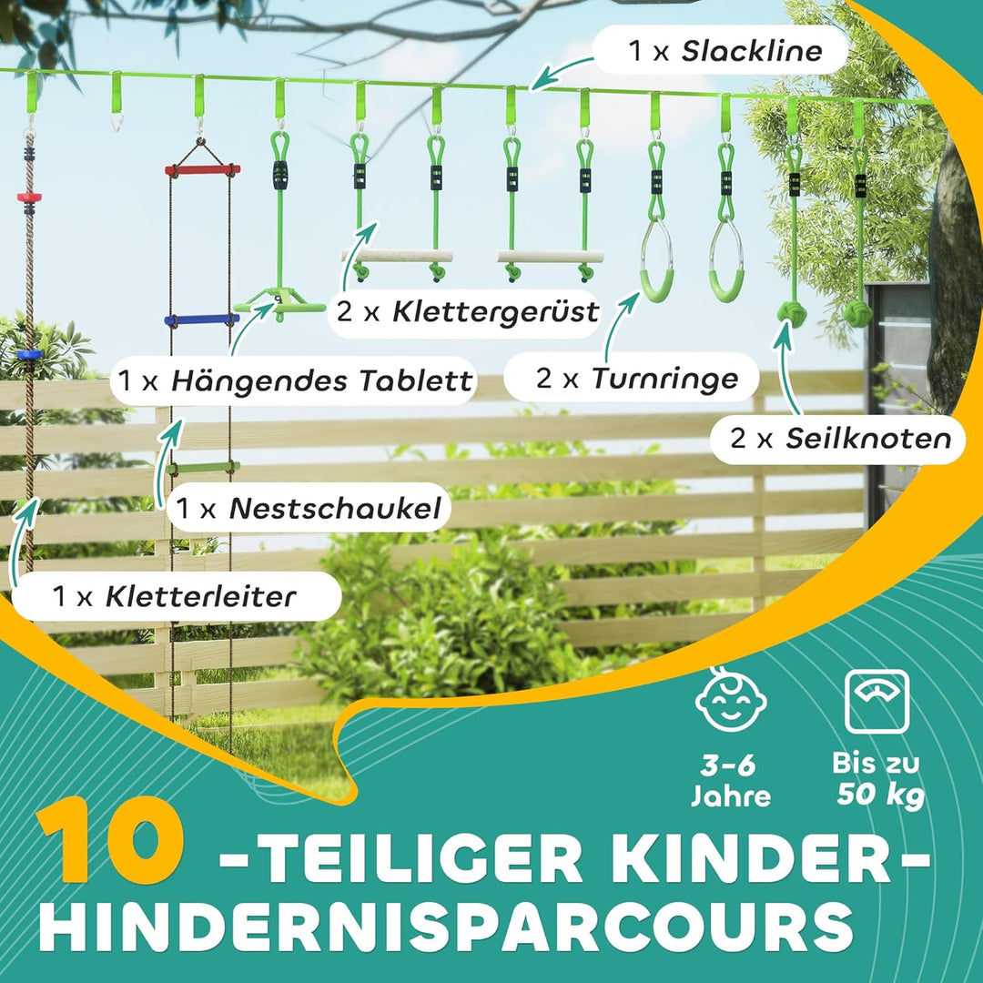 AIYAPLAY Ninja Slackline 10 m für Kinder Ninja Warrior Hindernisparcours Set mit Slackline Turnringe