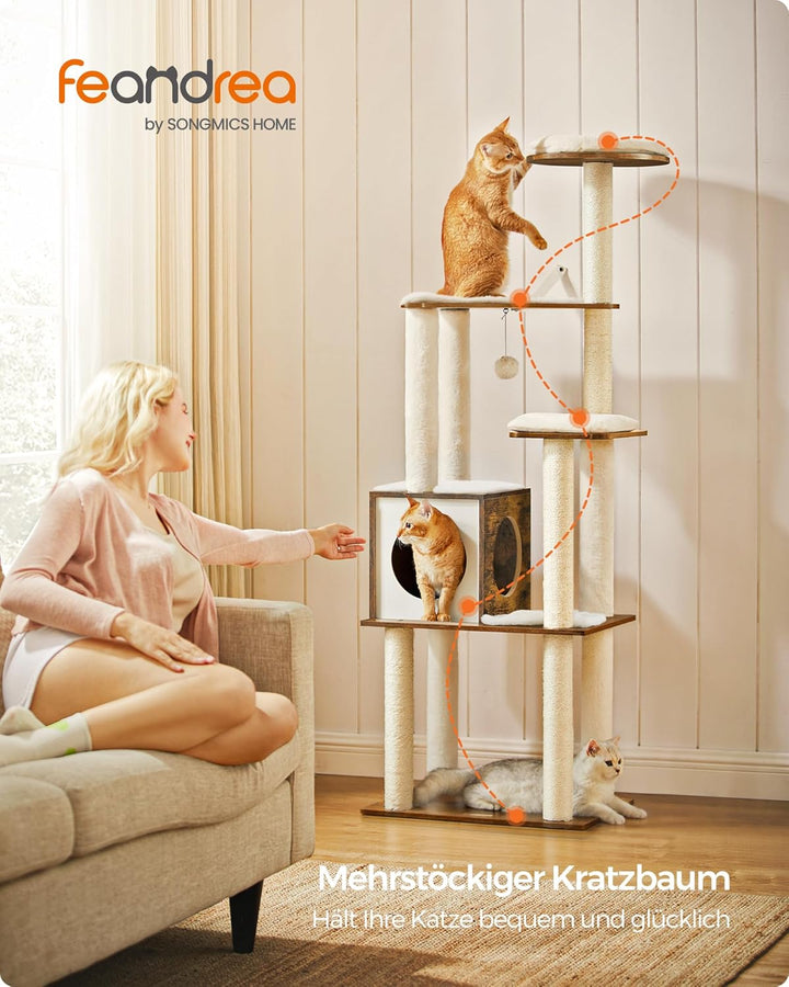 Feandrea Kratzbaum, 165 cm hoher moderner Katzenbaum, Katzenhaus mit 5 Kratzsäulen, waschbare abnehm