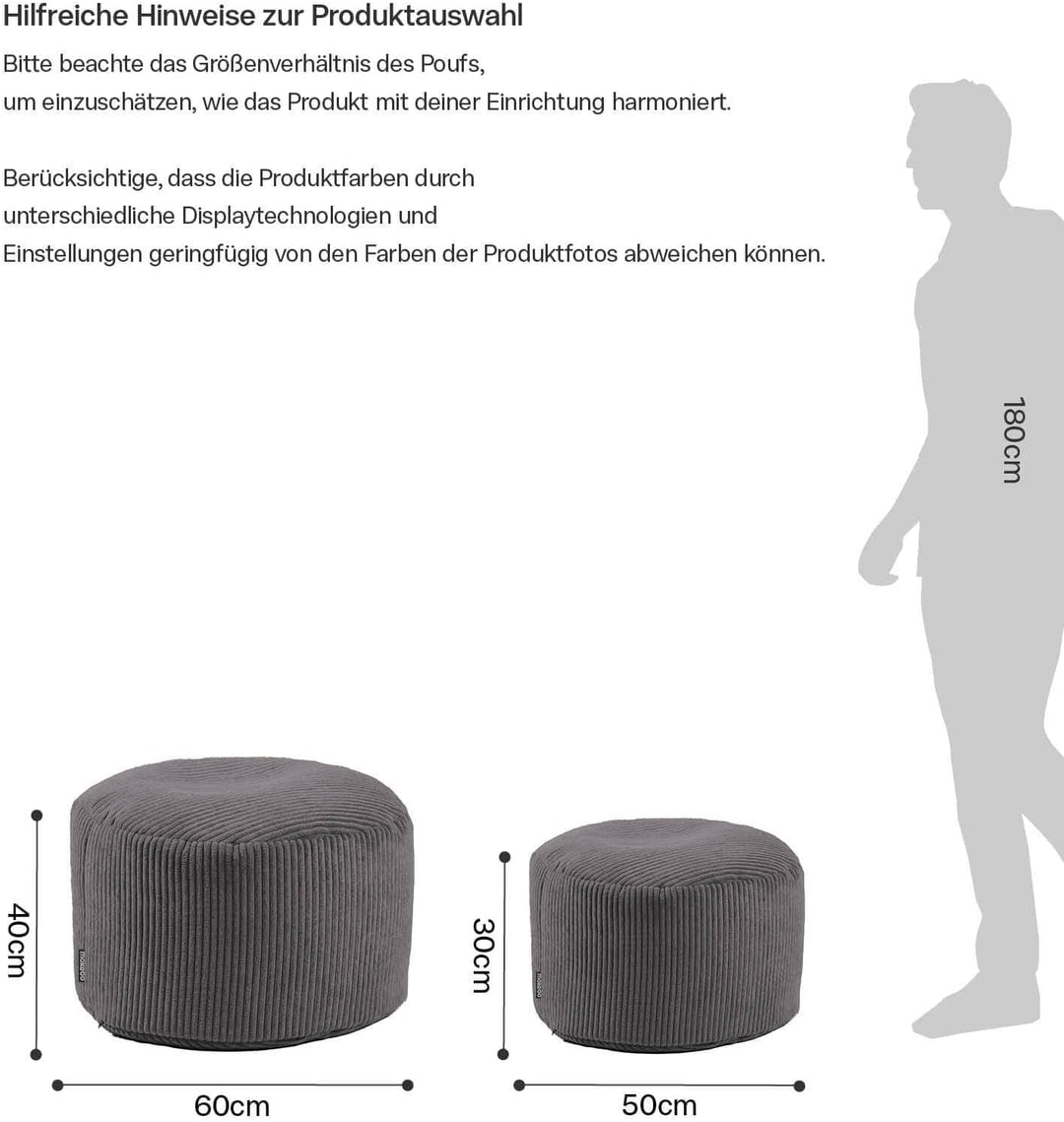 mokebo® Pouf, Hocker o. Sitzhocker aus Cord 40x60 cm 'Der Faule Lenz', Bodenkissen rund Anthrazit, F