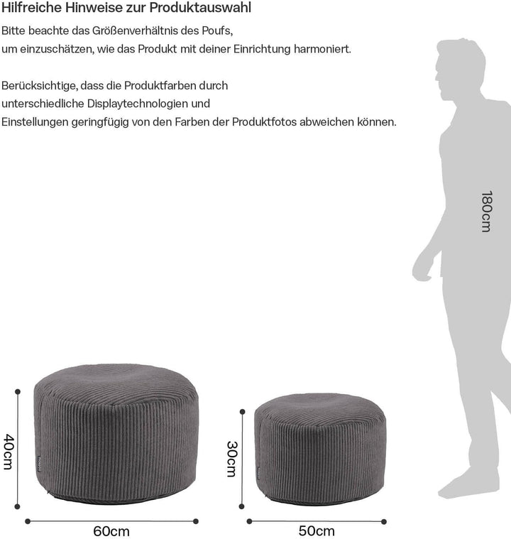 mokebo® Pouf, Hocker o. Sitzhocker aus Cord 40x60 cm 'Der Faule Lenz', Bodenkissen rund Anthrazit, F