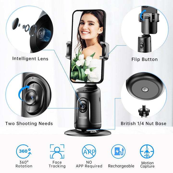 Auto Face Tracking Stativ, 360° Rotation Smart Telefonhalter, Keine App nötig, Gesicht Körper Selfie