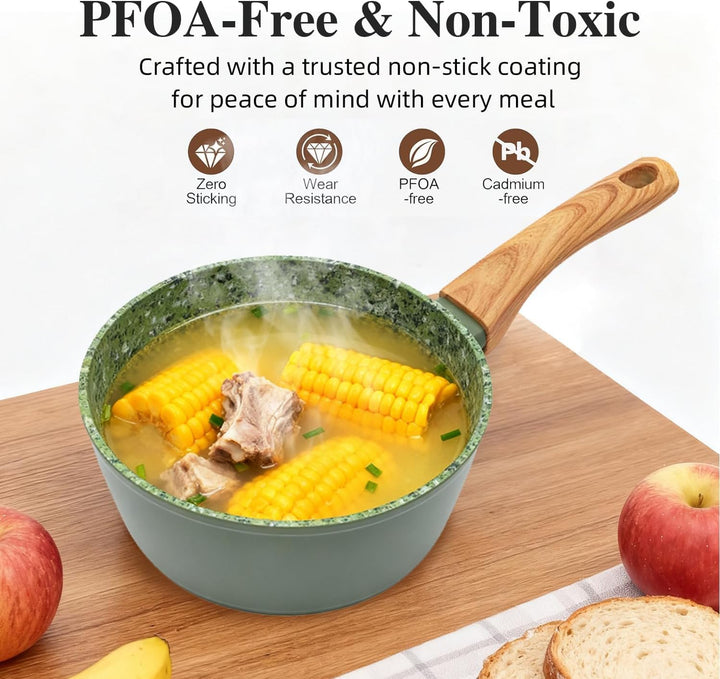 Green Antihaft-Set: 6"-Topf (Saucepan), 8,5"-Pfanne (Frying Pan) &amp; 7"-Schmortopf (Stockpot) - Kombin