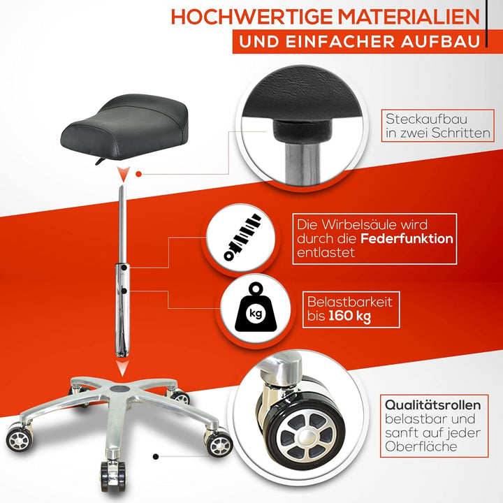 VAKON SALON - Breitsitz Arbeitshocker auf Rollen, höhenverstellbar von 50-65 cm - Drehhocker, Rollho