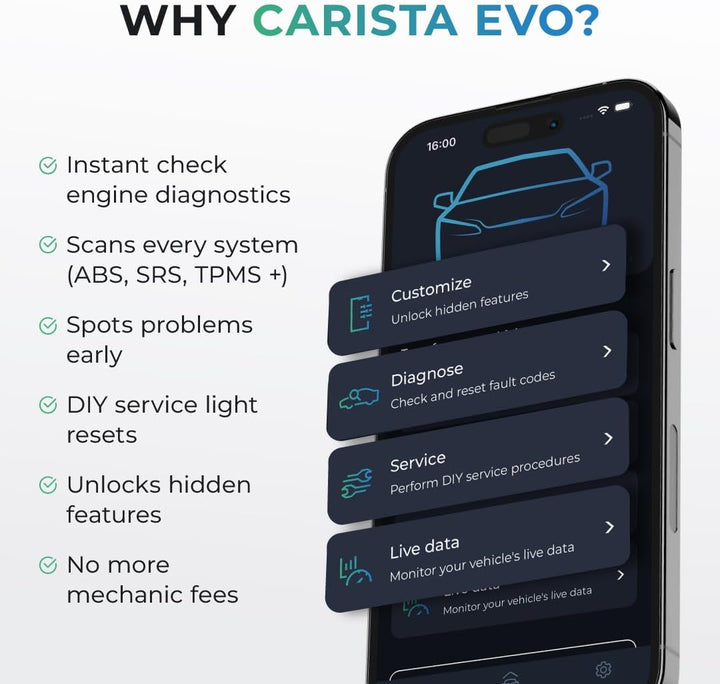CARISTA EVO- Bluetooth Adapter: Diagnose, Anpassung, Wartung, Live-Daten, Carista EVO