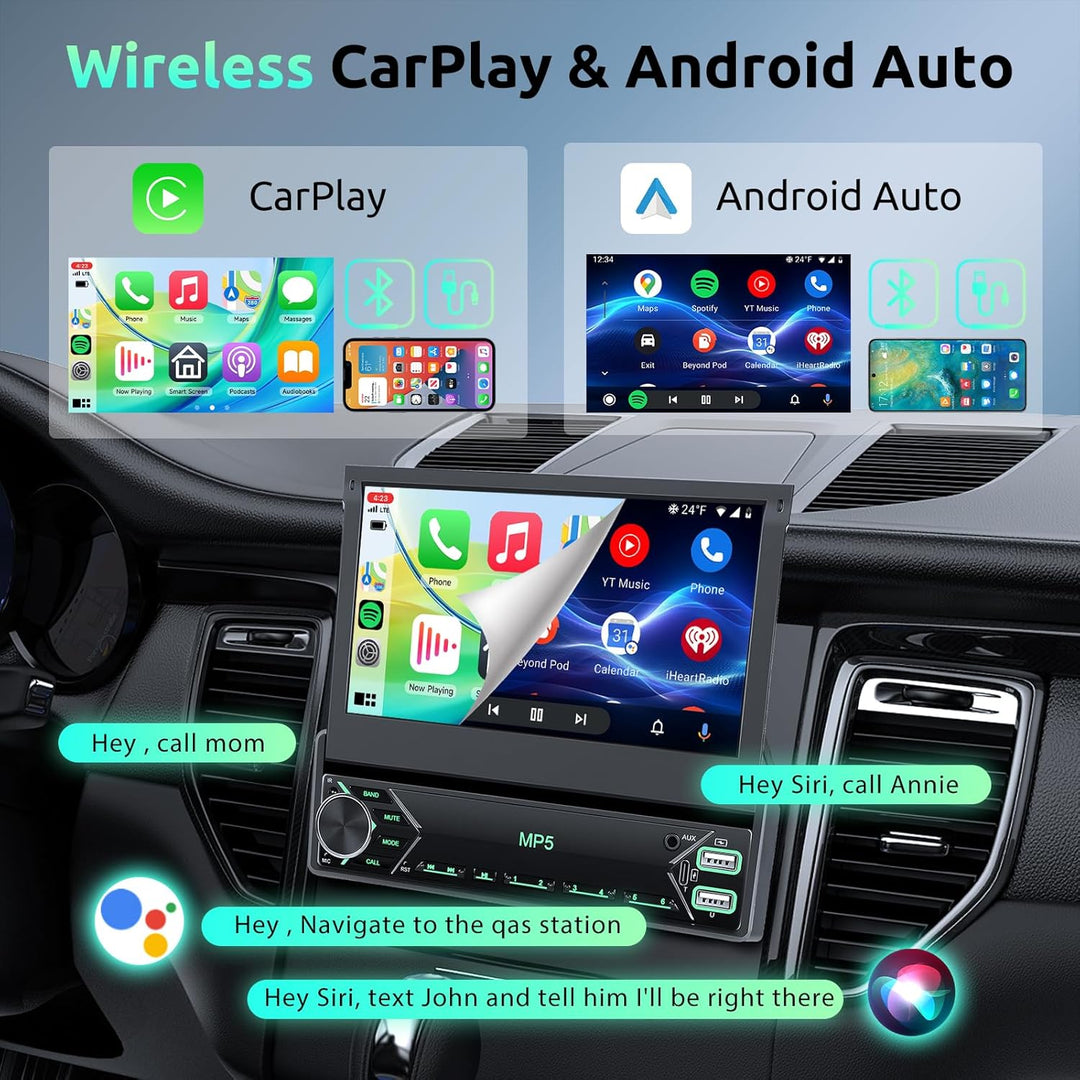 Autoradio 1 Din mit Drahtlos Carplay Android Auto, 7 Zoll IPS HD Manueller Flip Touchscreen Autoradi