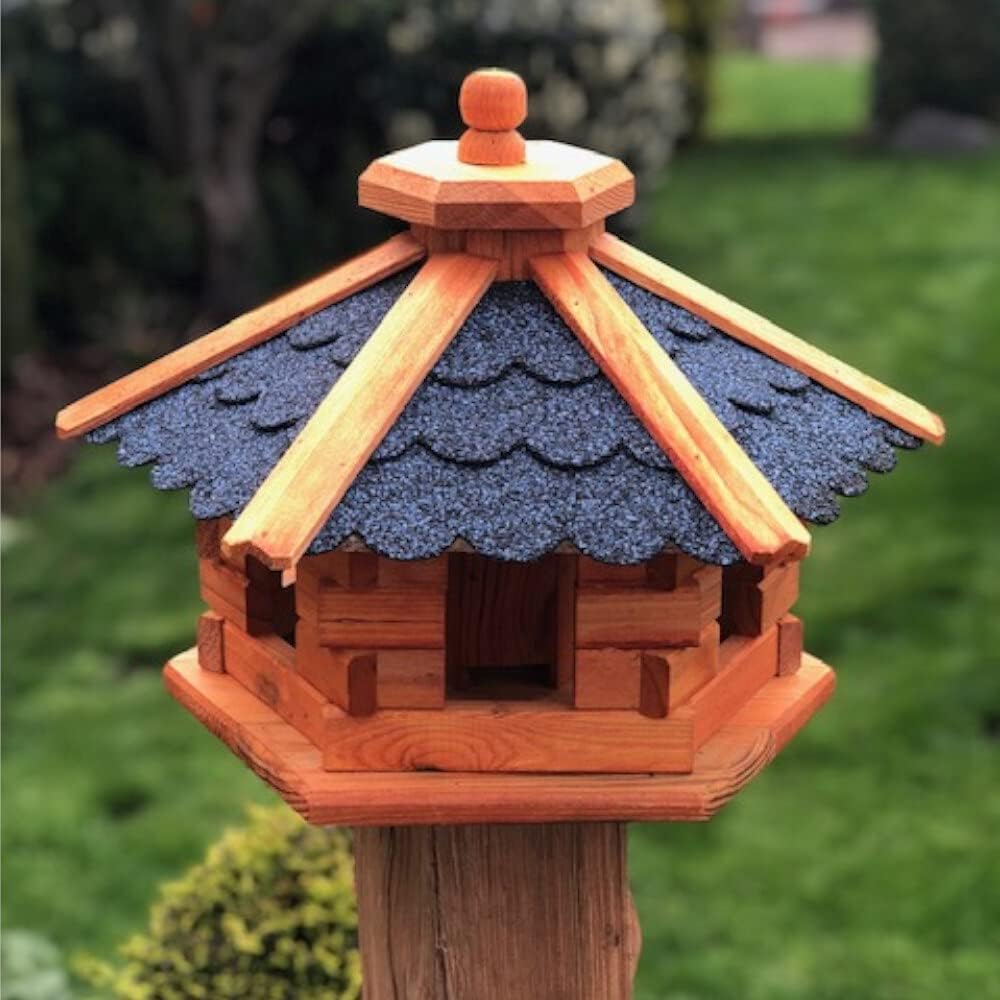 Handgefertigtes Sechseck Vogelhaus aus Holz wetterfest M - XXL wahlweise mit und ohne Ständer, Futte