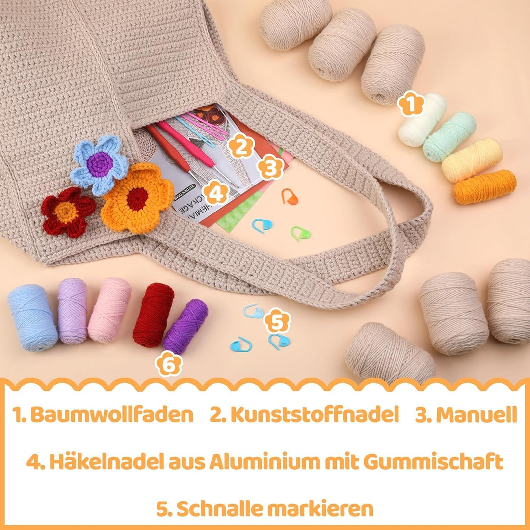 Deudy Pnytty Häkeltaschen-Set für Anfänger, komplettes Starter-Set mit Garn, Haken und Schritt-für-S