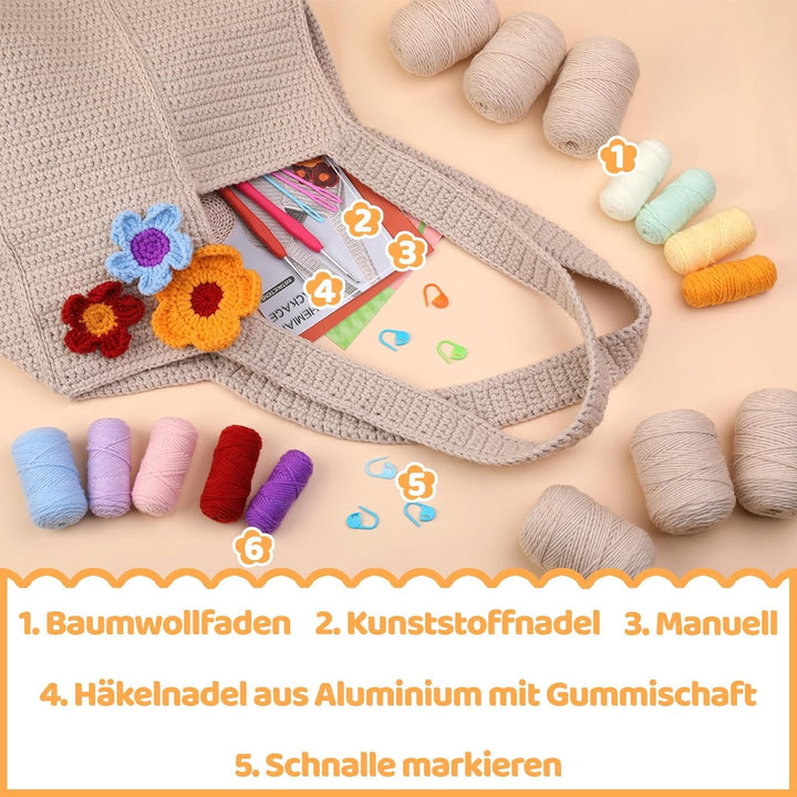 Deudy Pnytty Häkeltaschen-Set für Anfänger, komplettes Starter-Set mit Garn, Haken und Schritt-für-S