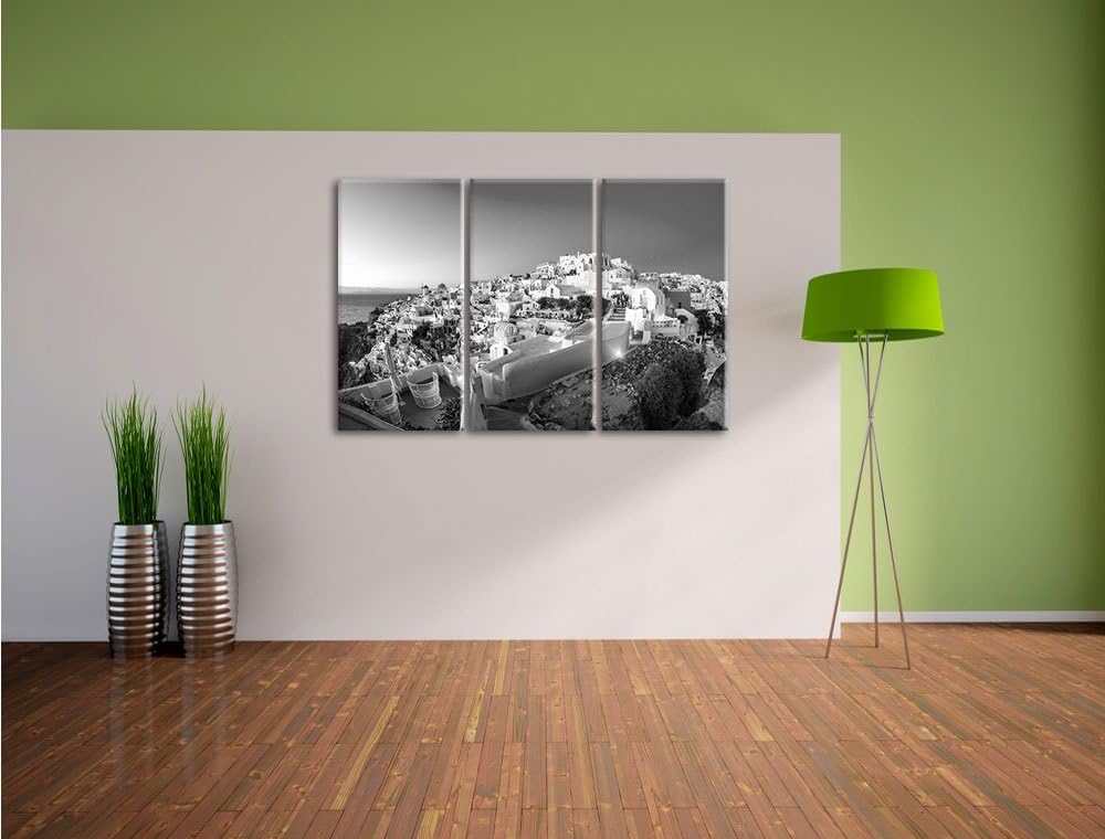 Pixxprint Oia Dorf am Sonnenuntergang Santorin Kunst B&W 3-Teiler Leinwandbild 120x80 Bild auf Leinw