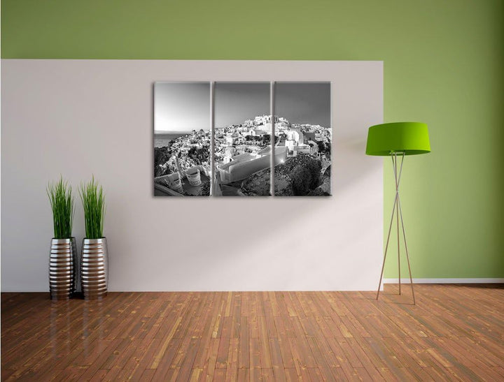 Pixxprint Oia Dorf am Sonnenuntergang Santorin Kunst B&W 3-Teiler Leinwandbild 120x80 Bild auf Leinw