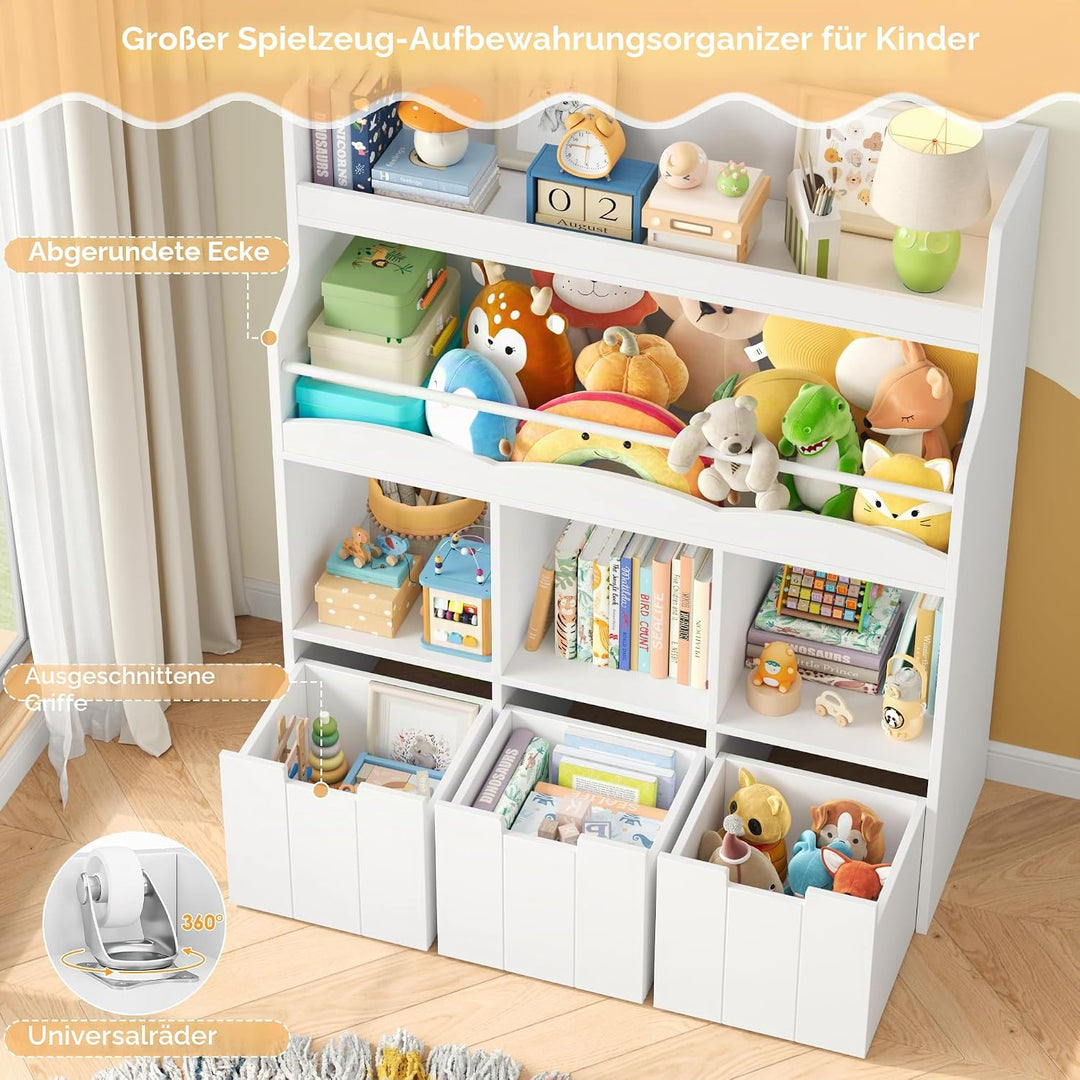 HOCSOK 110cm Kinderregal mit Boxen auf Rollen, Kinderbücherregal mit 4 Ablagefächern, Spielzeugregal