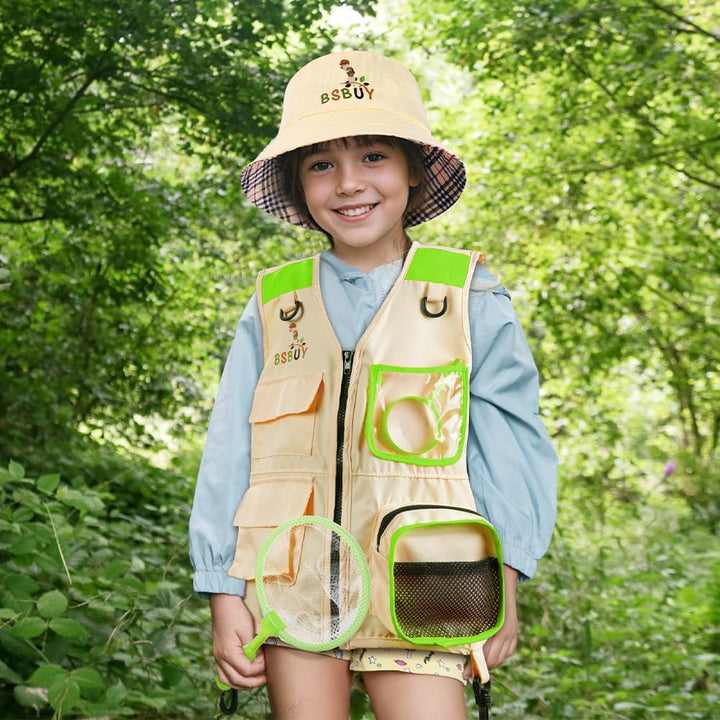 Forscherset für Kinder 4Pcs Exploration Spielzeug mit Frachtweste Hut Insektennetz und Lupe Outdoor