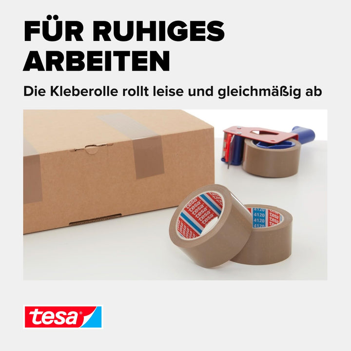 Tesapack Strong und Handabroller im Set mit 1 Rolle geräuscharmem Paketklebeband - Braun - 66 m x 50