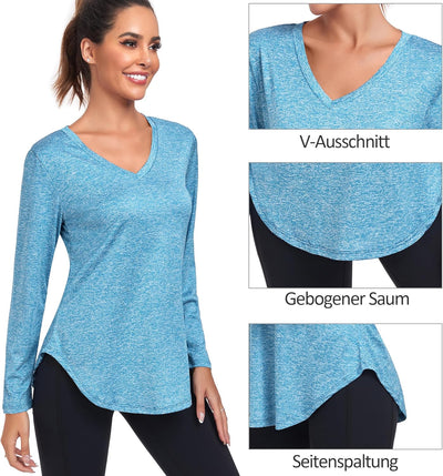 Deaviya Sportshirt Langarm Damen, Laufshirt Langarm, Langarmshirt Fitness Oberteil, V-Ausschnitt Wor