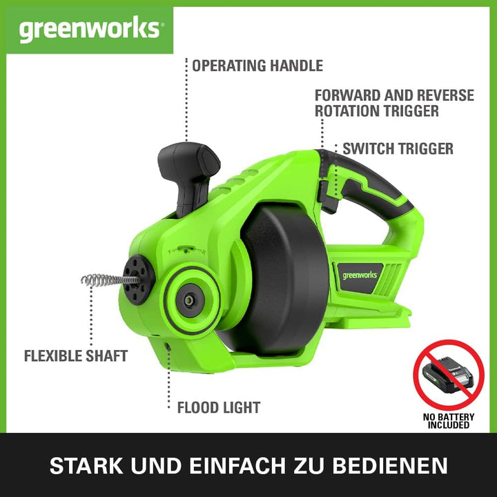 Greenworks G24DA Akku Rohrreinigungsspirale 550rpm, Rohrdurchlass 2,5-5 cm, 7,5 m Edelstahlbohrer OH