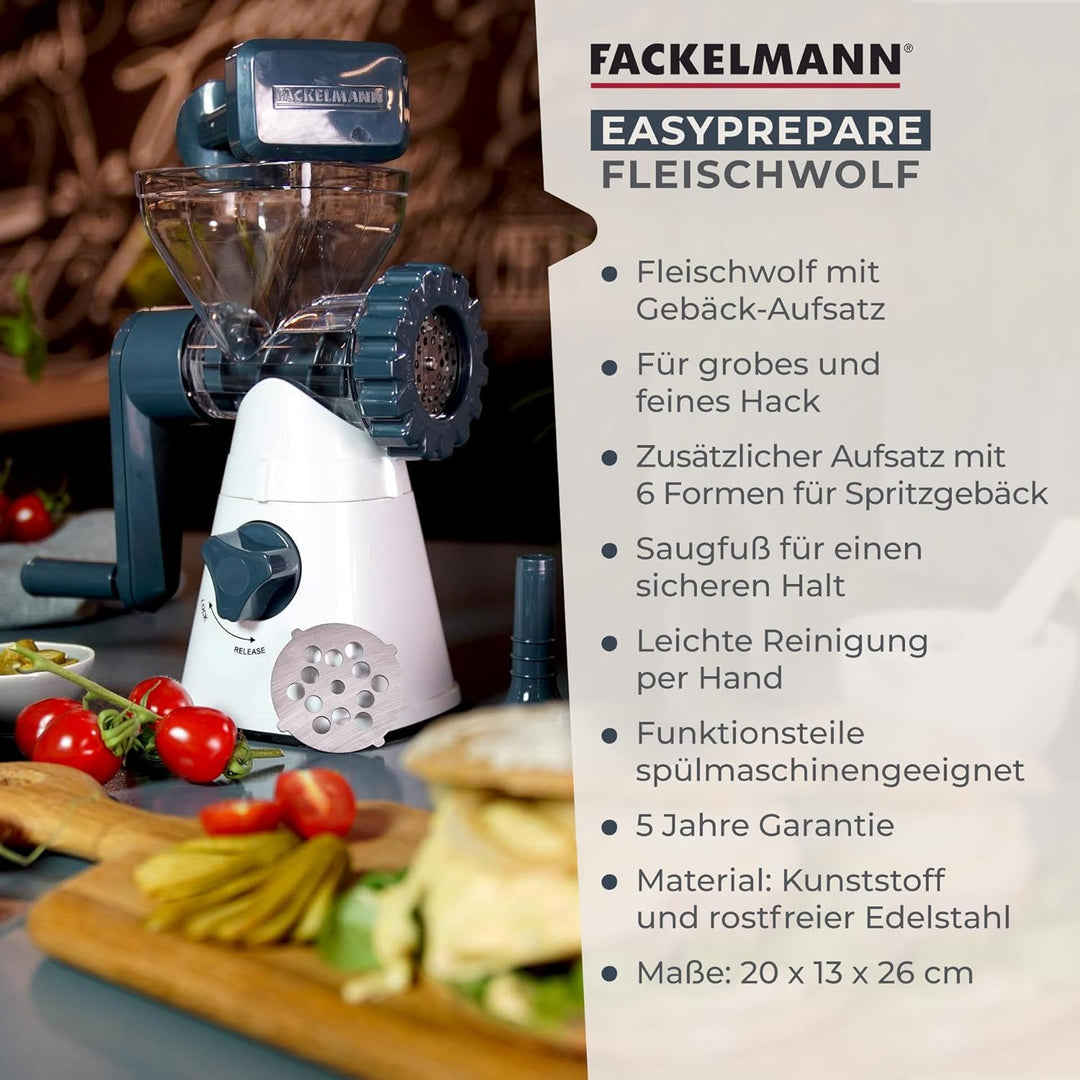 FACKELMANN Fleischwolf mit Gebäckaufsatz #easyprepare, hochwertige Wurstmaschine, manueller Wurstfül