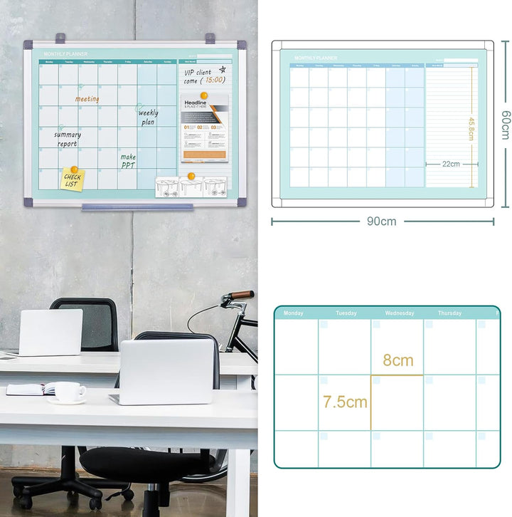 MAKELLO Magnetischer Monatskalender, Whiteboard, 91,4 x 61 cm, trocken abwischbar, Wandmontage, Alum
