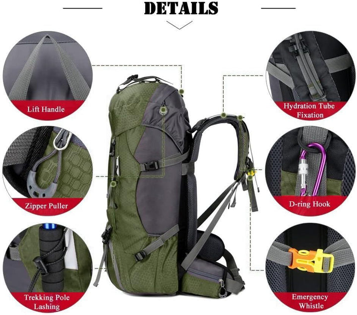 Bseash 60L Wasserdichter leichter Wanderrucksack mit Regenschutz, Outdoor Sport Tagesrucksack Multif