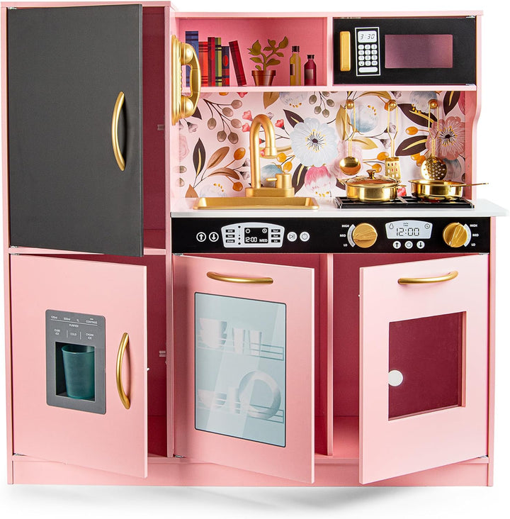 Leomark Kinderküche aus Holz Memo Rosa Spielküche mit goldenen Accessoires Holzküche für Kinder Spie