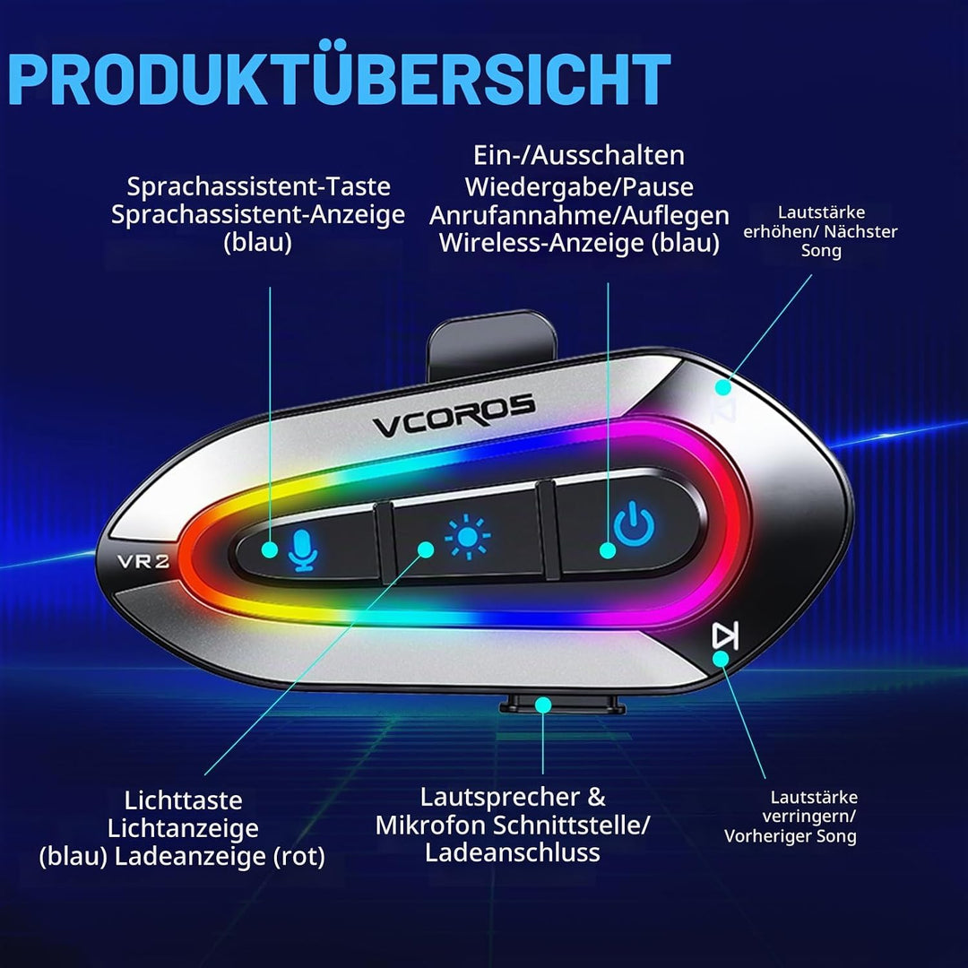 Motorrad Headset,VR2 Motorrad Bluetooth Headset,RGB Schillernde Lichter,DSP&amp;CVC Doppelte Geräuschunt