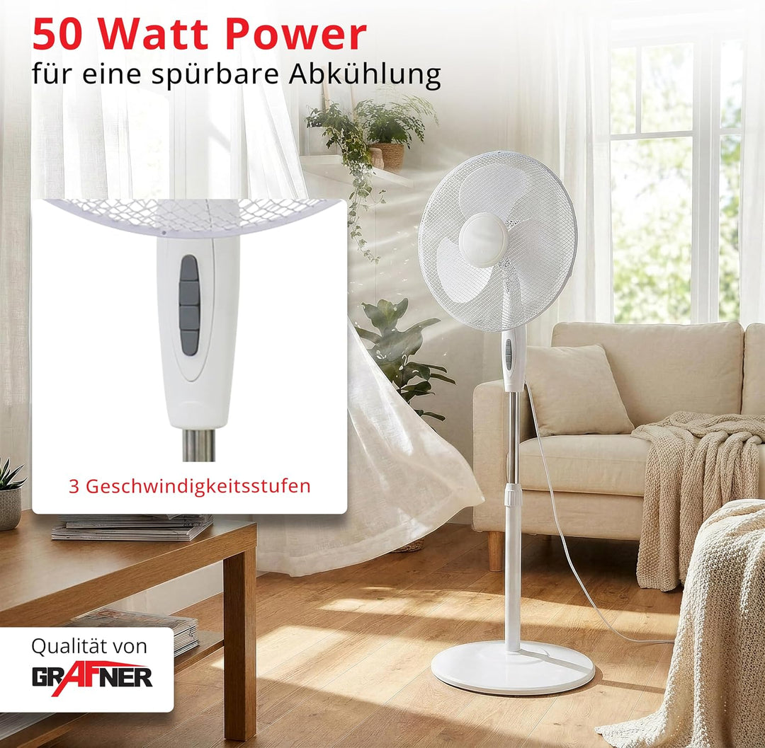 Grafner Standventilator 40 cm, 3 Geschwindigkeitsstufen, höhenverstellbar 105–120 cm, 80° Schwenkfun