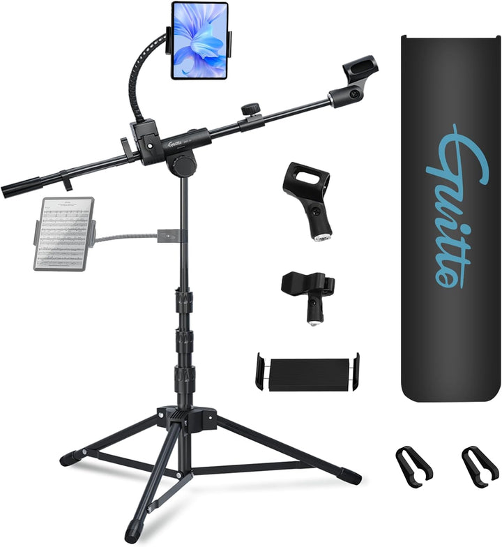GUITTO Mikrofonständer mit Doppel-Halter für Smartphone/Tablet Verstellbarer Boomarm, schwerer Boden