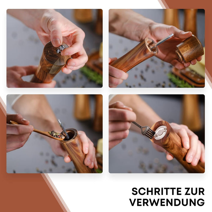WALDLAND® Salz und Pfeffermühle aus Holz mit Untersetzer Gross (21 cm) | Gewürzmühlen mit hochleistu
