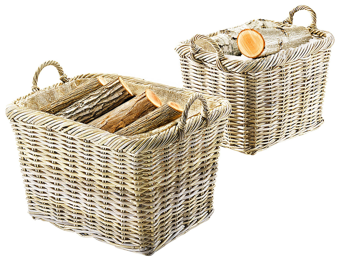 Kobolo Holzkorb für Kaminholz Kaminkorb rechteckig Kubu Grey - Rattan - Stoff hell - 2er Set
