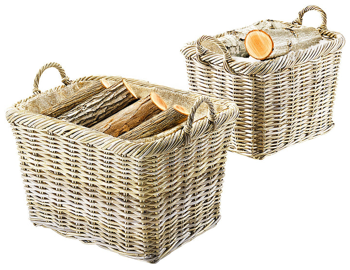 Kobolo Holzkorb für Kaminholz Kaminkorb rechteckig Kubu Grey - Rattan - Stoff hell - 2er Set