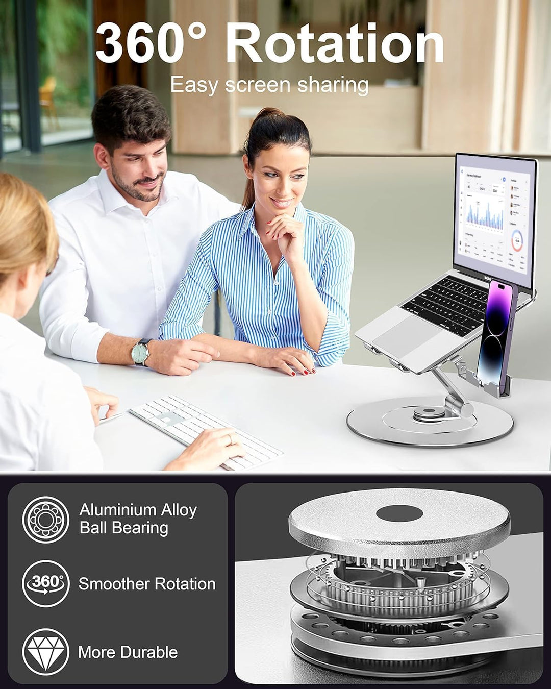 LOXP Verstellbarer Laptop-Ständer aus Aluminium für Schreibtisch, tragbar, um 360 Grad drehbar, höhe