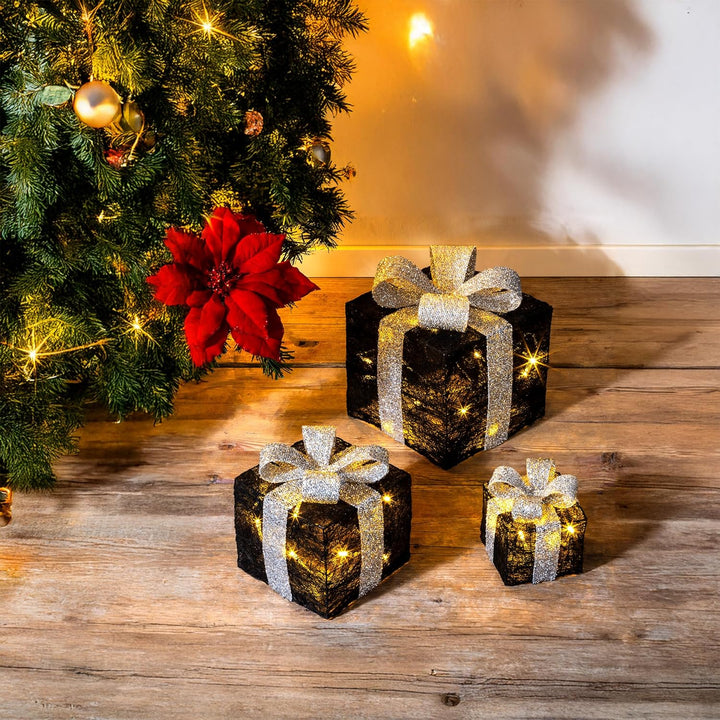 LED Geschenkboxen mit Timer 3er Set - Farbe - Weihnachts Dekoboxen warm weiss beleuchtet - Weihnacht