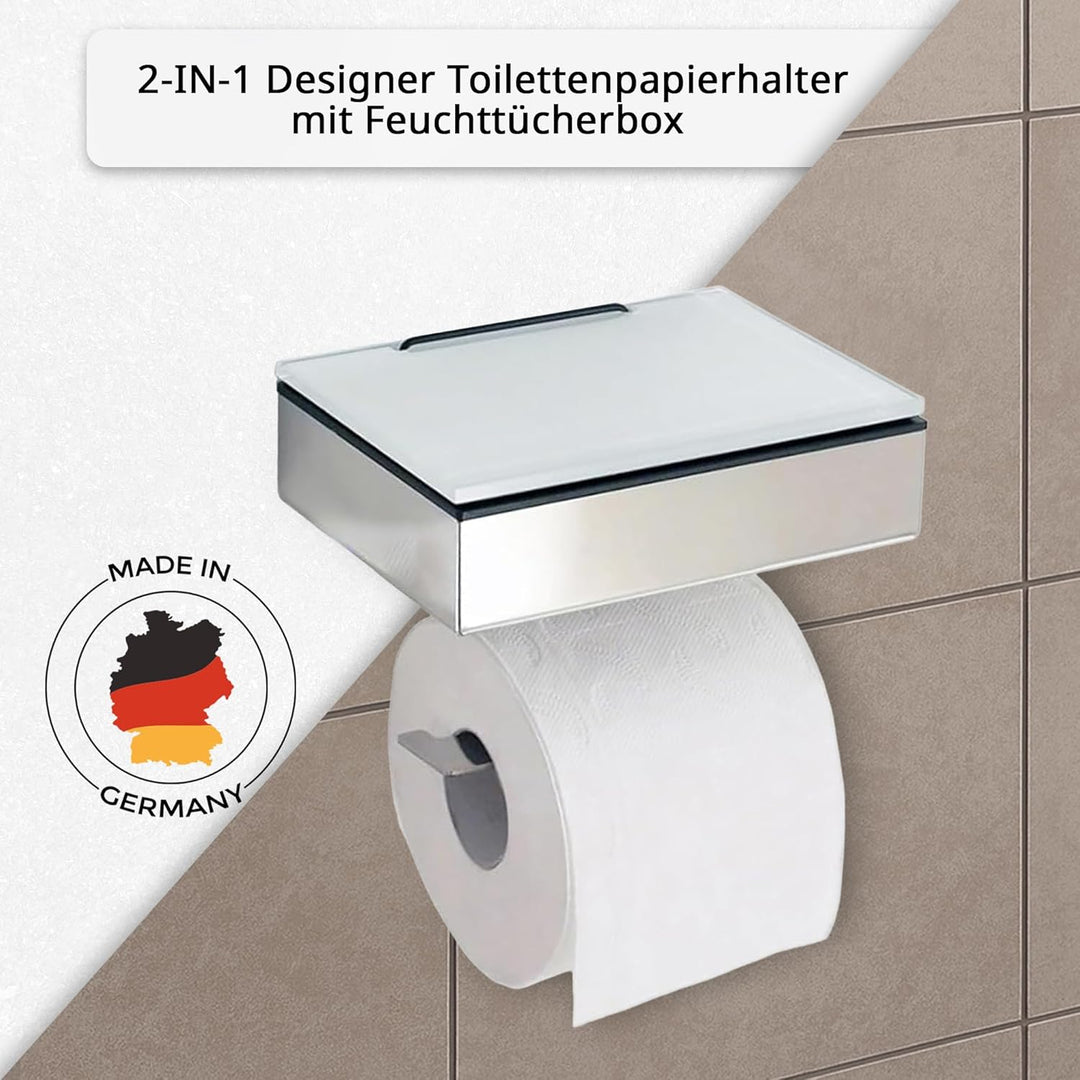 Toilettenpapierhalter mit Feuchttücherbox - Gehäuse Poliert & Abdeckung Glas Weiss - befüllbar von L