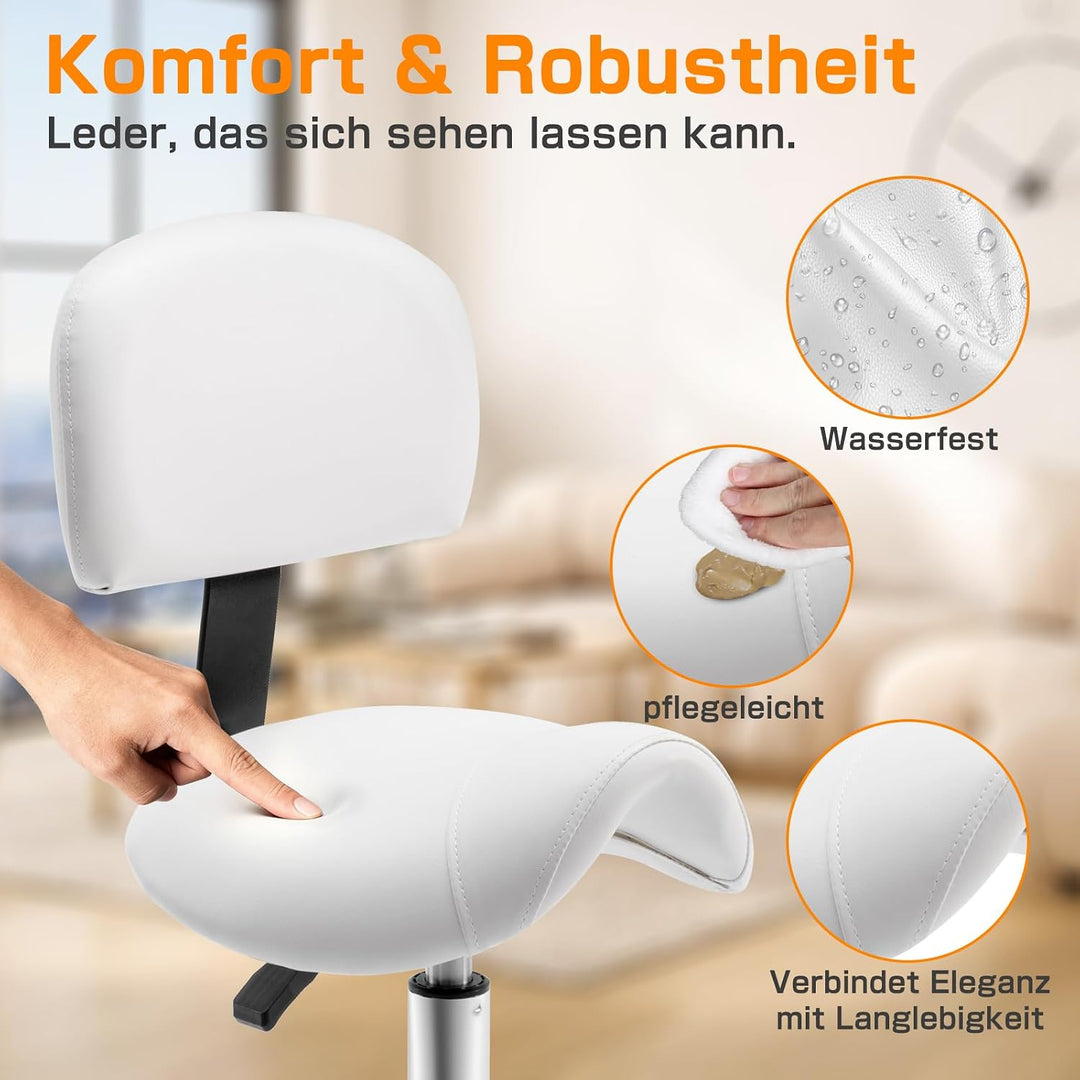 Sattelhocker mit Lehne – 360° drehbarer Hocker mit Rollen und verstellbarer Fussstütze | Sattelhocke