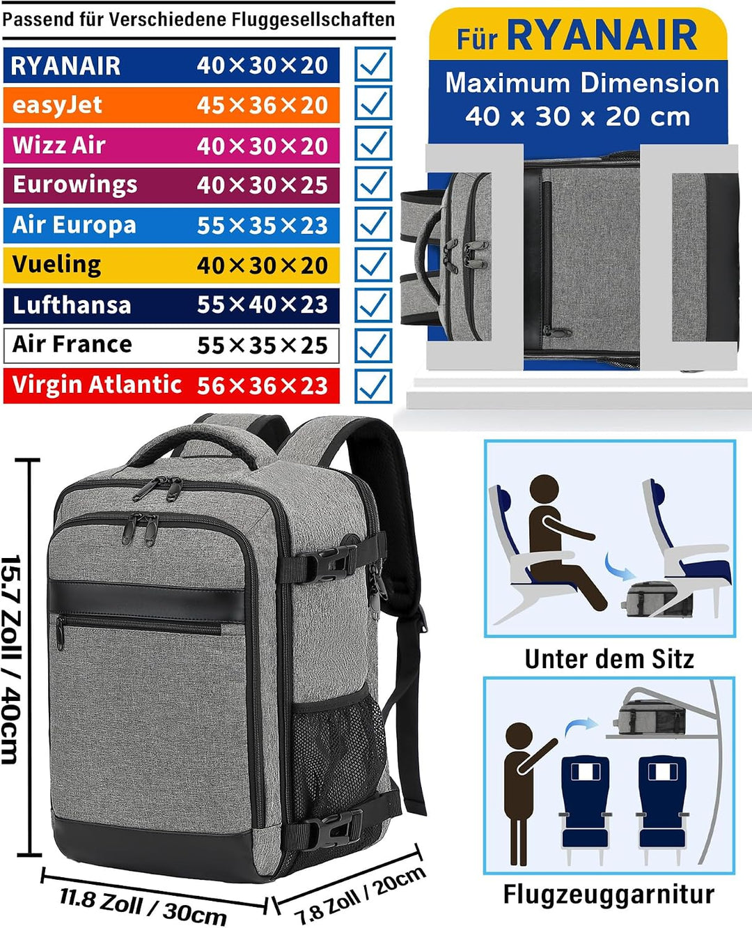 Handgepäck Rucksack 40x30x20 cm Travelite Reiserucksack 24L für Ryanair EasyJet Eurowings Flugreisen