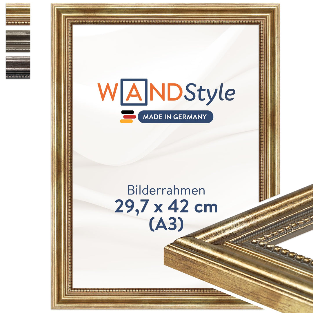WANDStyle Bilderrahmen Antik 30x42cm DIN A3 I Farbe: Gold I Holzbilderrahmen I Fotorahmen I Goldener