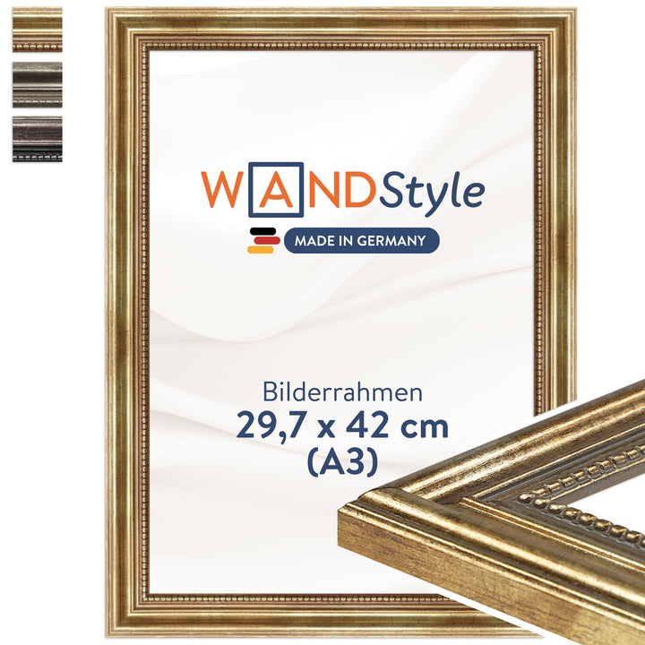 WANDStyle Bilderrahmen Antik 30x42cm DIN A3 I Farbe: Gold I Holzbilderrahmen I Fotorahmen I Goldener