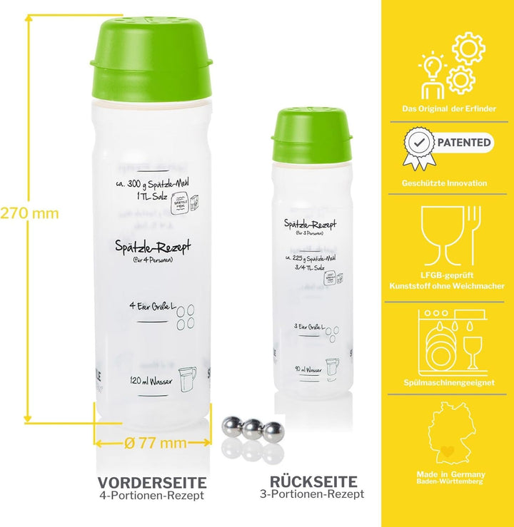Spätzle-Shaker Shaker-Set (GRÜN) mit 875ml-Pfannkuchen-Shaker + 4-Portionen-Spätzle-Shaker Teigmixer