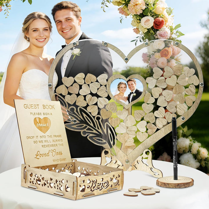 Gästebuch Hochzeit Holz,Gästebuch Hochzeit,Hochzeitsgästebuch mit 100 Holzherzen für Hochzeitsfeiern