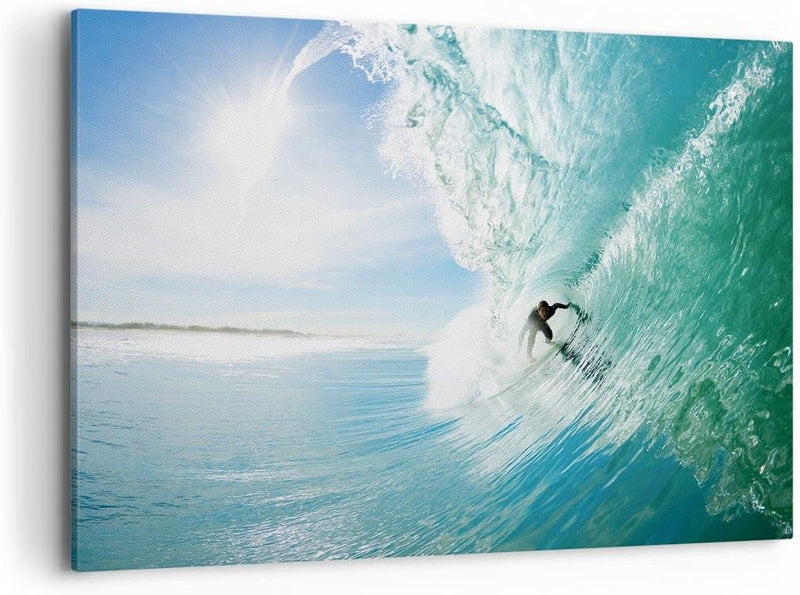 Bilder auf Leinwand 100x70cm Leinwandbild Abenteuer surfer welle ozean Gross Wanddeko Bild Schlafzim