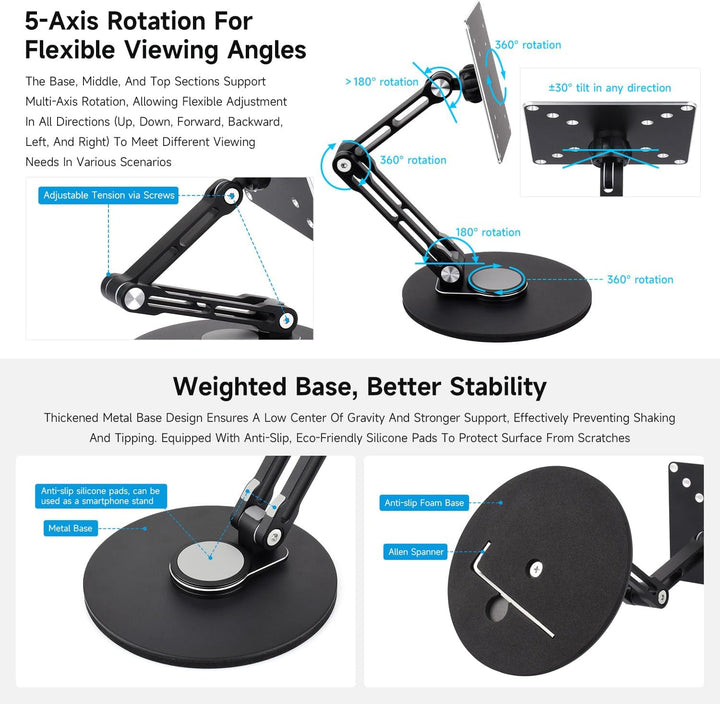 Waveshare VESA Portable Monitor Adjustable Stand, Compatible with Monitors Up to 19 Inches, Multi-Ax