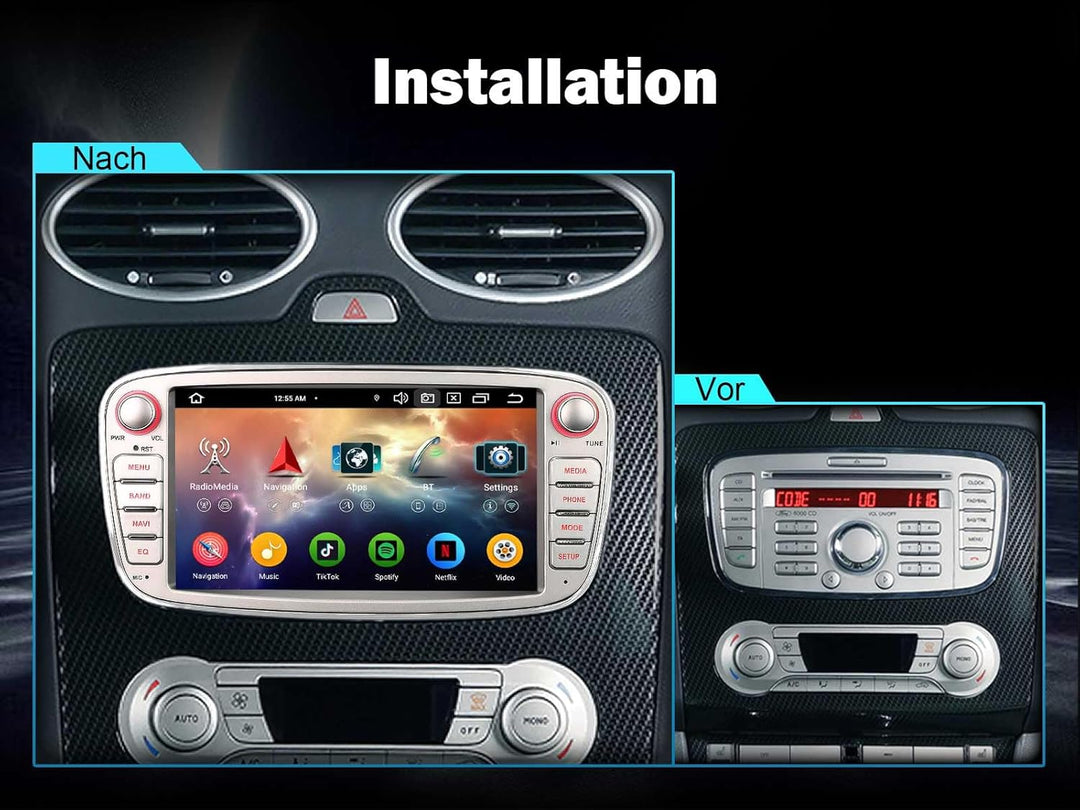 Erisin 4GB+64GB Android 14 Autoradio mit GPS Navigation für Ford Focus Mondeo S-Max C-Max Galaxy Blu